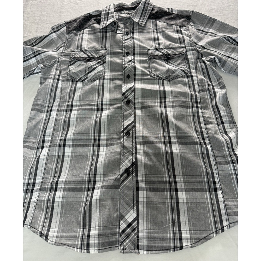 Machine Mens Short‎ Sleeve Button Up Shirt Large Gray / Black